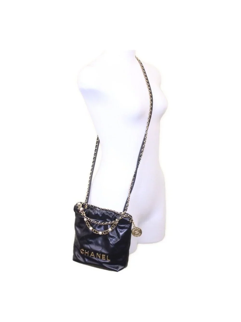 Chanel Black Shiny Calf 22 Mini Pearl Chain Shoulder Bag